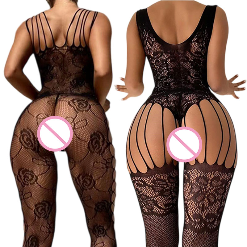 Fishnet Stocking Women - 黒クロッチレスソフトストレッチボディストッキングレース薄手のランジェリーナイトドレス女性性的な摩耗刺繍網タイツセクシーな下着