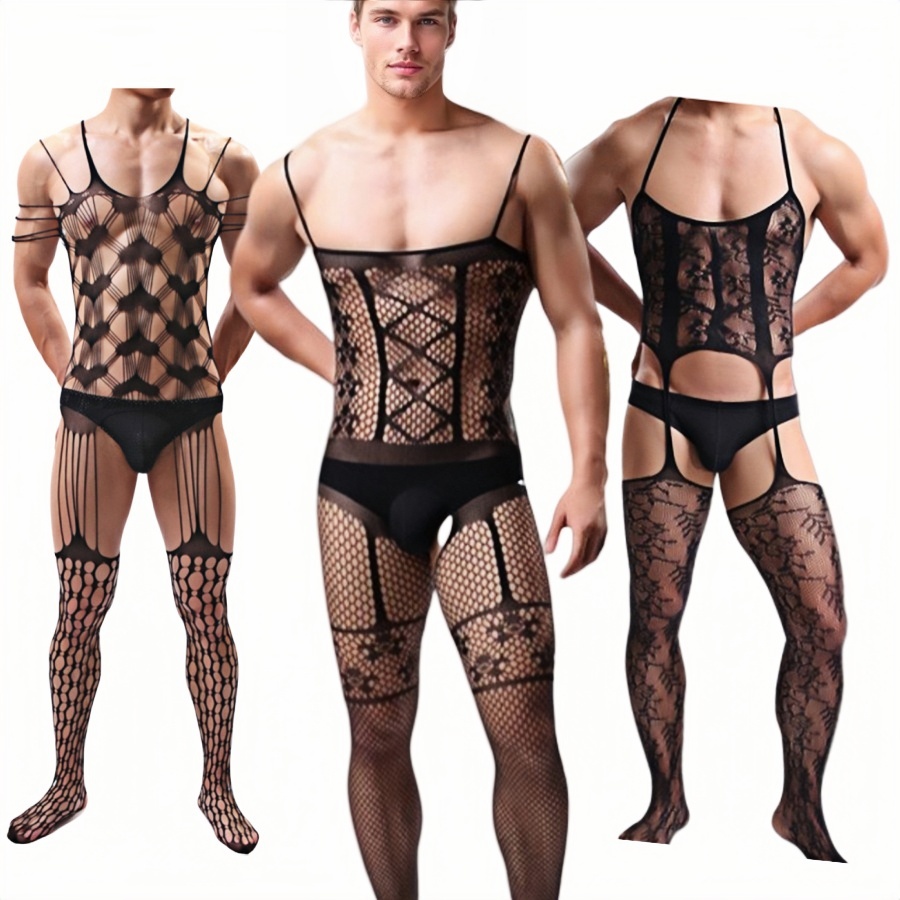 Fishnet Stocking Women - メンズボディストッキング、全身フィッシュネットタイツ、シアーメッシュホース、中空カットアウトボディストッキング、サスペンダーレースボディストッキング、ホットなボディストッキング