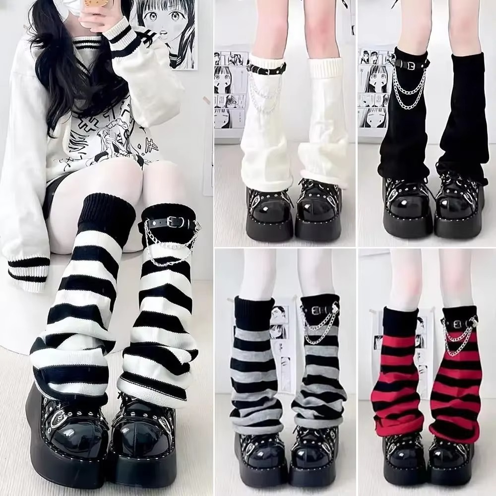 Boot Sock Slouchy - ゴシック系の原宿風ニットレッグウォーマー、ルーズなニットチェーンブーツカフス、ストライプ柄のゆったりとしたブーツソックス（女性用）