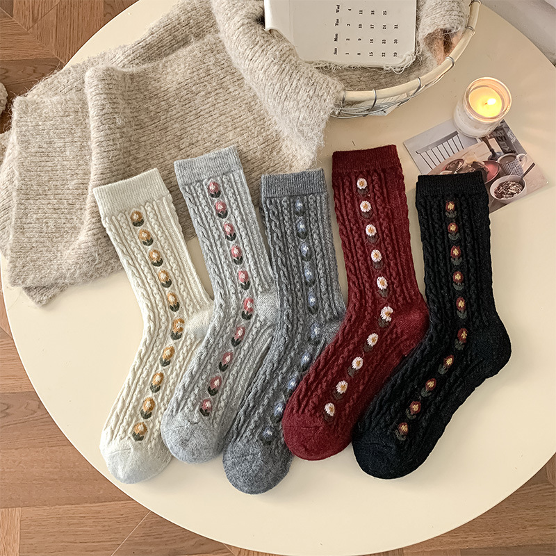 Boot Sock Slouchy - 韓国風スイートフローラルウールミッドカーフソックスケーブルニットゆったりソックスサーマルウィンターウォームクルーソックスヴィンテージ柄ブーツソックス