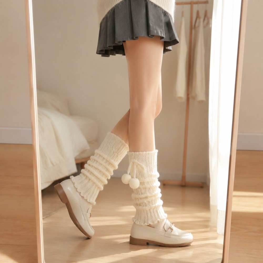 ニットレッグウォーマー、ケーブルニット柄、ふわふわのポンポン - Boot Sock Slouchy のレビューと価格