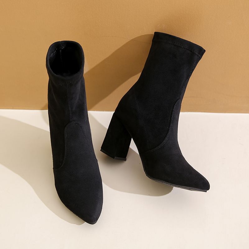 冬の新作チャンキーヒールのおしゃれなアンクルブーツ、レディー - No Show Sock Women のレビューと価格